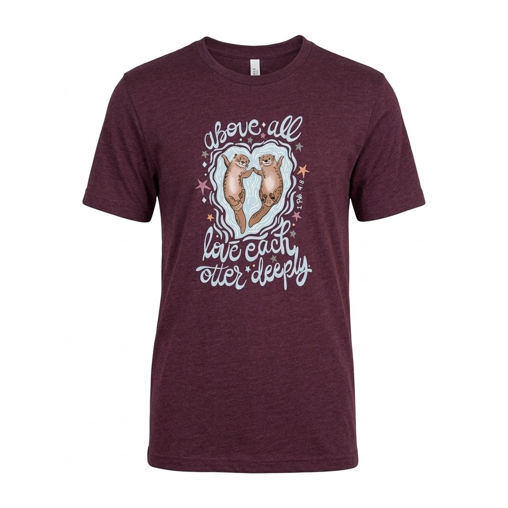 Love in Faith Otter Graphic Tee Women Size L Maroon 1 Pet 4:8 Scripture Short Sl